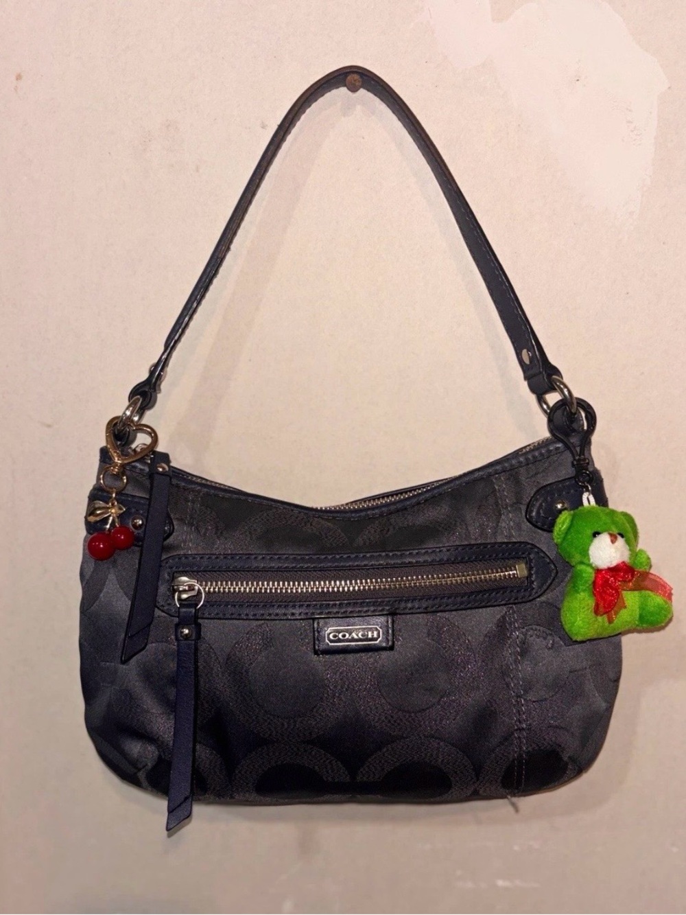 Coach Black Signature Canvas Shoulder Bag with Front Zip Pocket and Charm